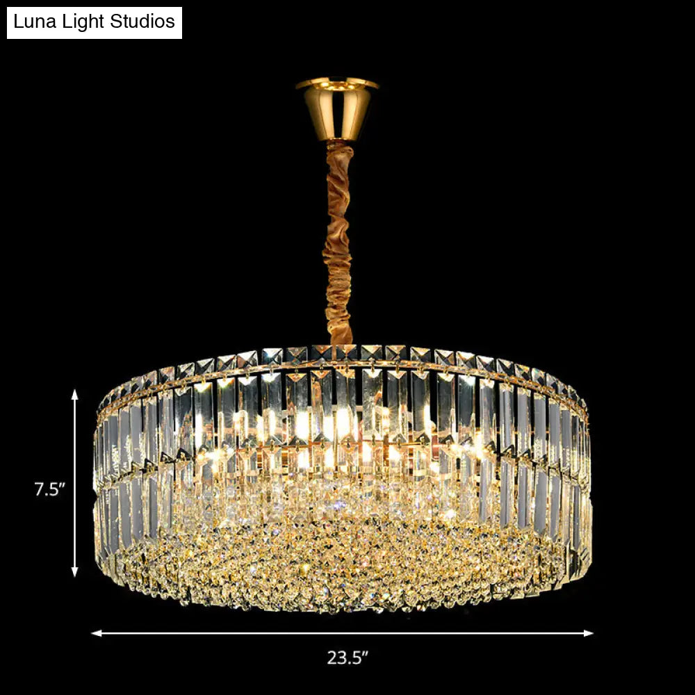 Contemporary Gold Drum Chandelier Light | 6/8 Lights Rectangular-Cut Crystal Ceiling Hanging