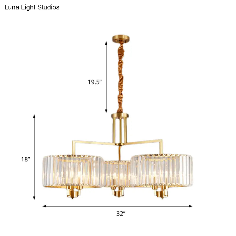 Contemporary Gold Drum Chandelier With Clear Crystal - 3/6/9 Head Suspension Light For Living Room