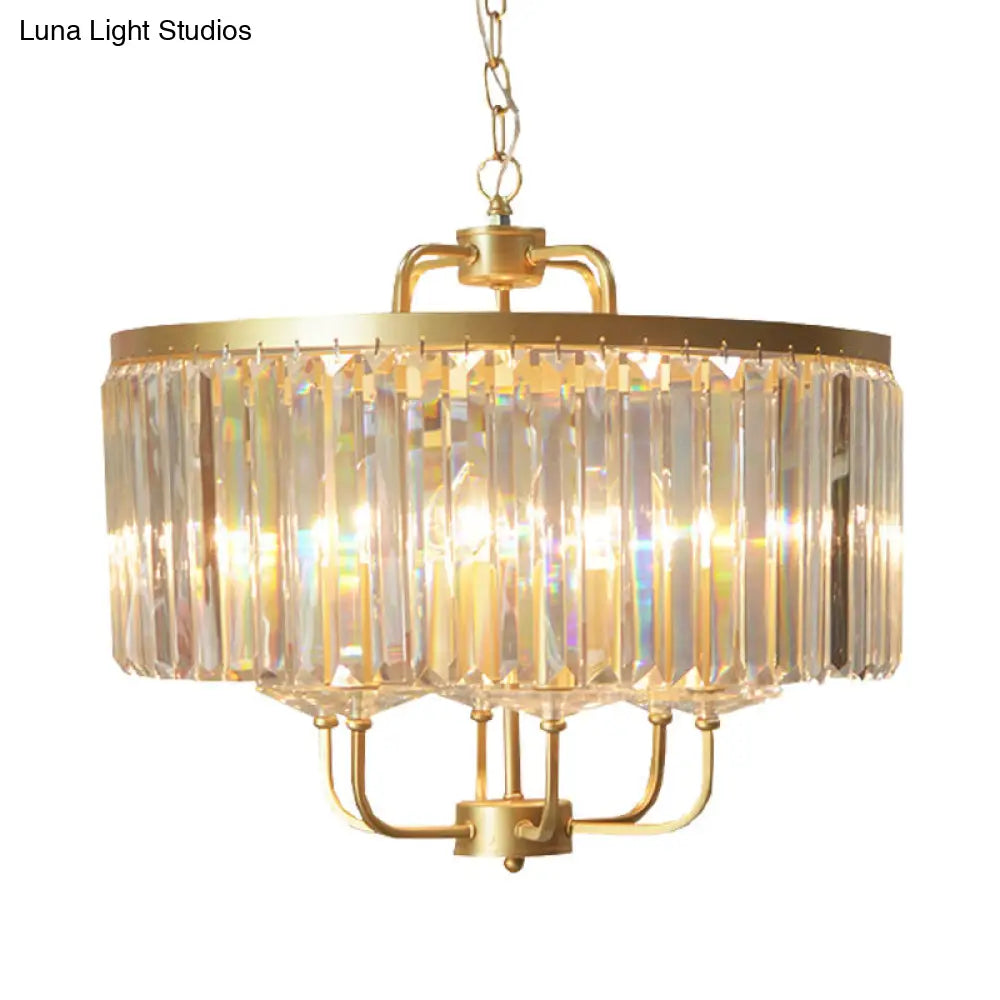 Contemporary Gold Drum Crystal Block Chandelier - Stunning 6-Head Suspended Lighting For Guest Room