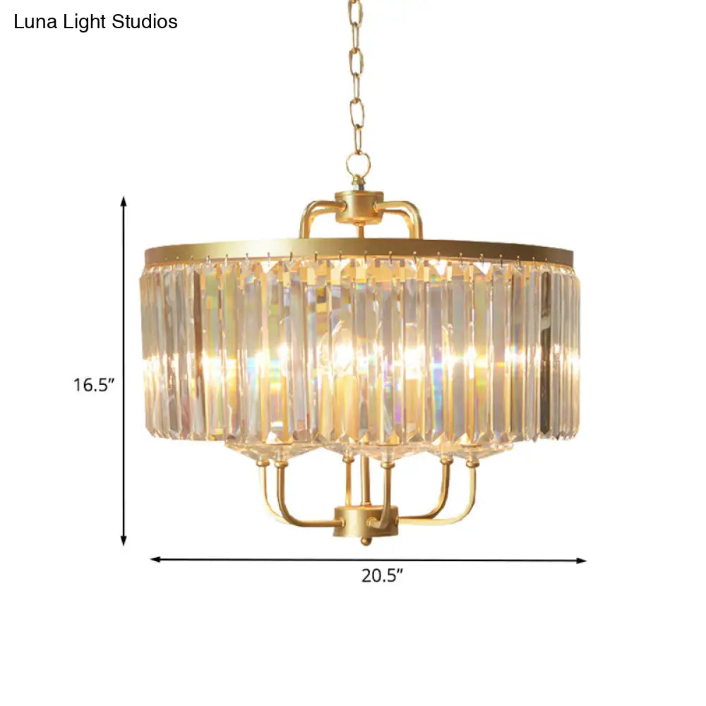 Contemporary Gold Drum Crystal Block Chandelier - 6-Head Ceiling Lighting Fixture For Guest Room