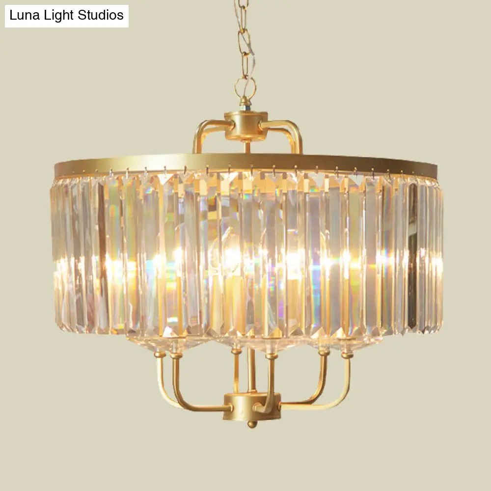 Contemporary Gold Drum Crystal Block Chandelier - Stunning 6-Head Suspended Lighting For Guest Room