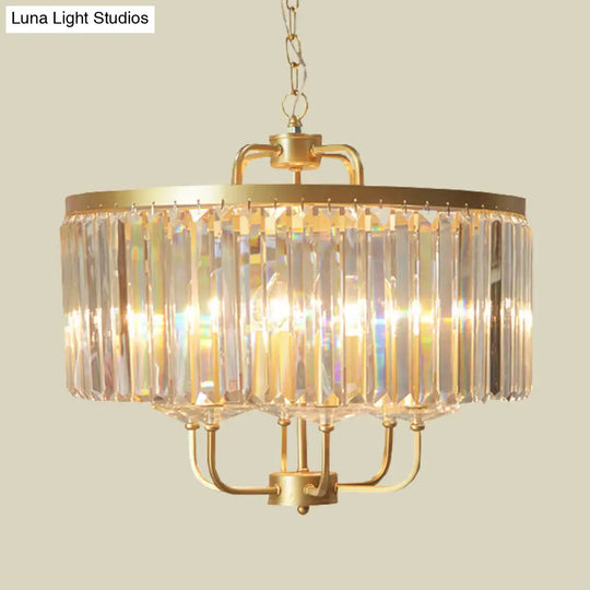 Contemporary Gold Drum Crystal Block Chandelier - Stunning 6-Head Suspended Lighting For Guest Room