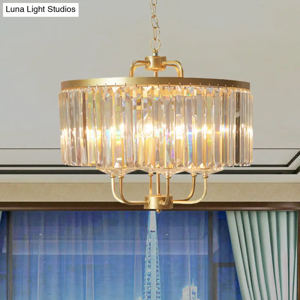 Contemporary Gold Drum Crystal Block Chandelier - Stunning 6-Head Suspended Lighting For Guest Room