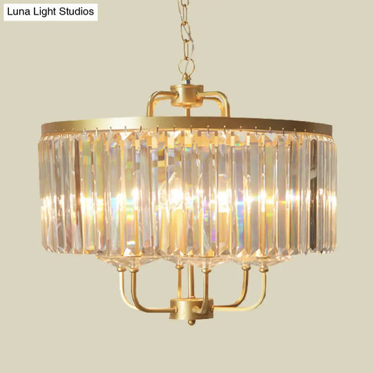 Contemporary Gold Drum Crystal Block Chandelier - 6-Head Ceiling Lighting Fixture For Guest Room