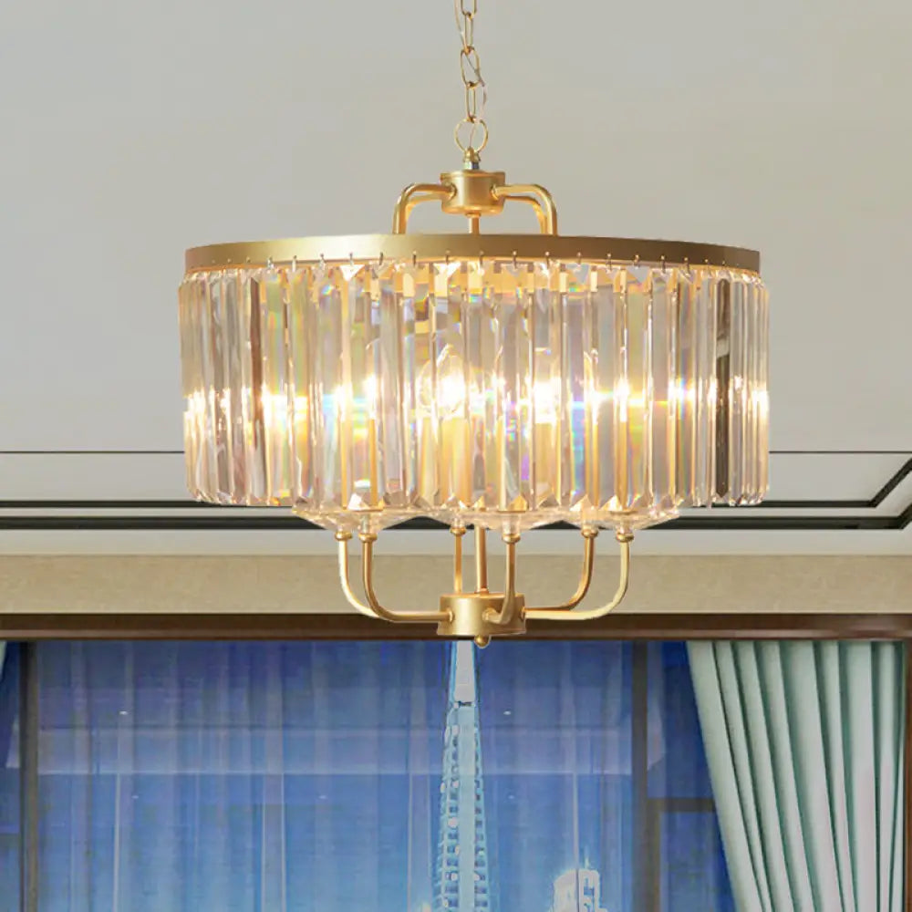 Contemporary Gold Drum Crystal Block Chandelier - 6-Head Ceiling Lighting Fixture For Guest Room