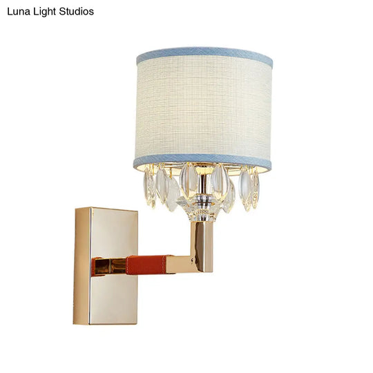 Contemporary Gold Drum Fabric Shade Wall Sconce With Crystal Deco - 1 Bulb Light