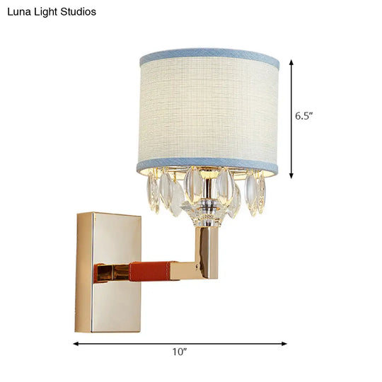 Contemporary Gold Drum Fabric Shade Wall Sconce With Crystal Deco - 1 Bulb Light