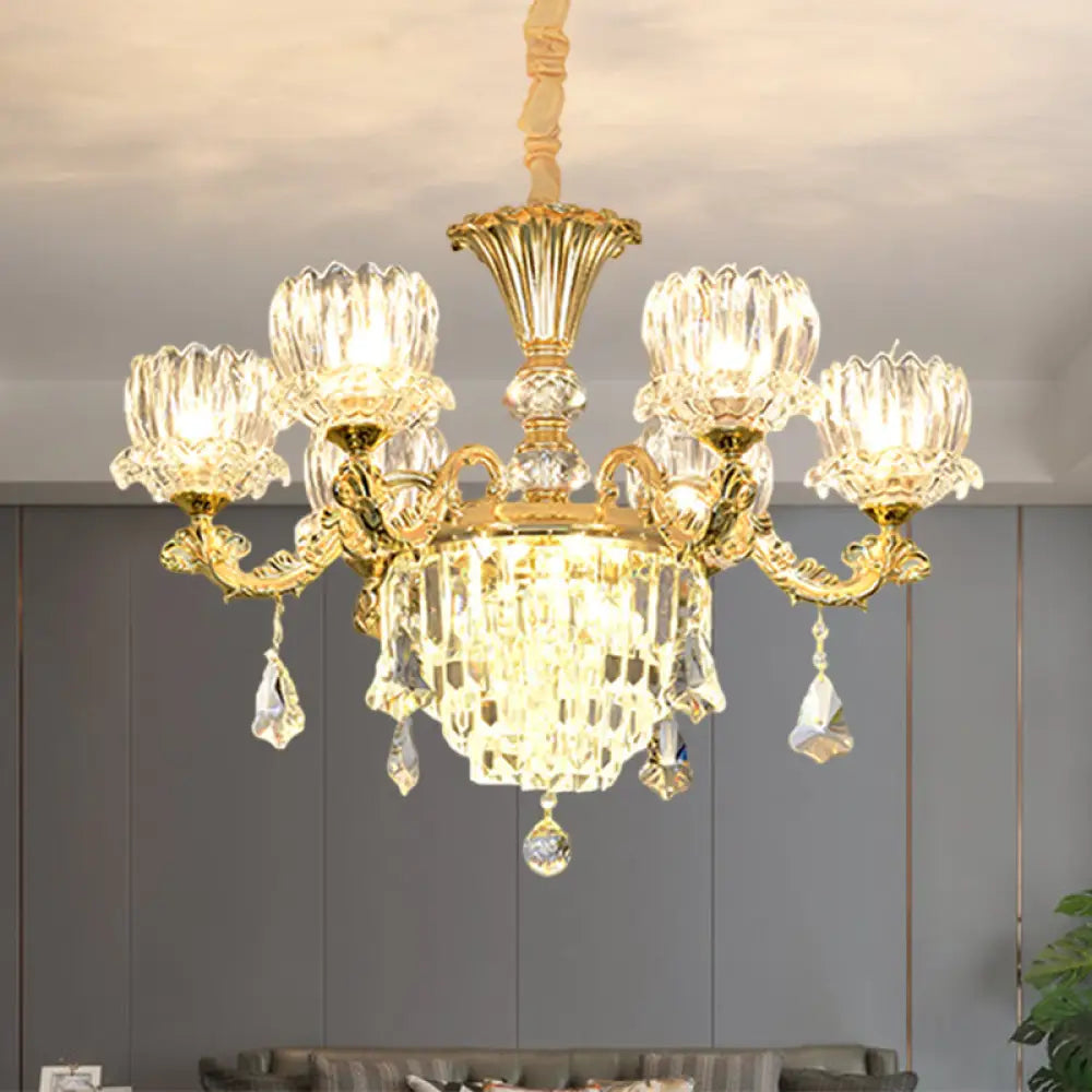 Contemporary Gold Finish 6-Light Crystal Glass Flower Chandelier Pendant Lamp