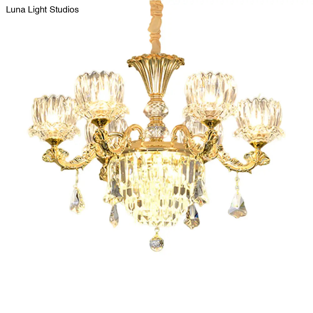 Contemporary Crystal Flower Led Chandelier With Gold Finish - 6-Light Hanging Pendant Lamp