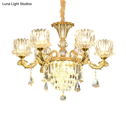 Contemporary Crystal Flower Led Chandelier With Gold Finish - 6-Light Hanging Pendant Lamp