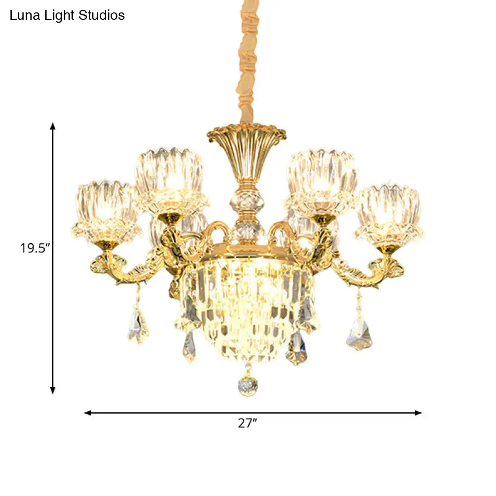 Contemporary Crystal Flower Led Chandelier With Gold Finish - 6-Light Hanging Pendant Lamp