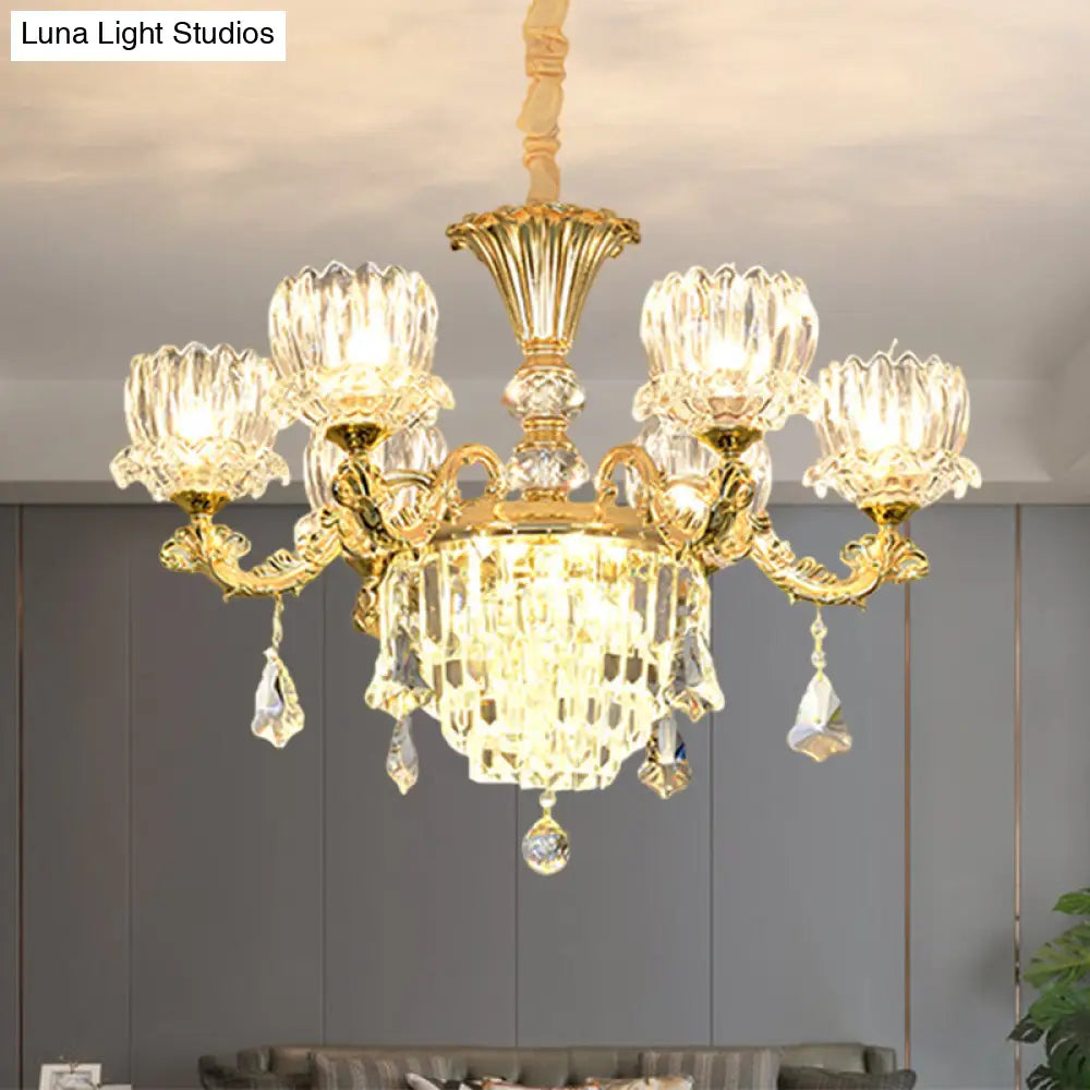 Contemporary Crystal Flower Led Chandelier With Gold Finish - 6-Light Hanging Pendant Lamp