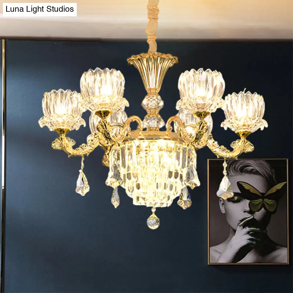 Contemporary Crystal Flower Led Chandelier With Gold Finish - 6-Light Hanging Pendant Lamp