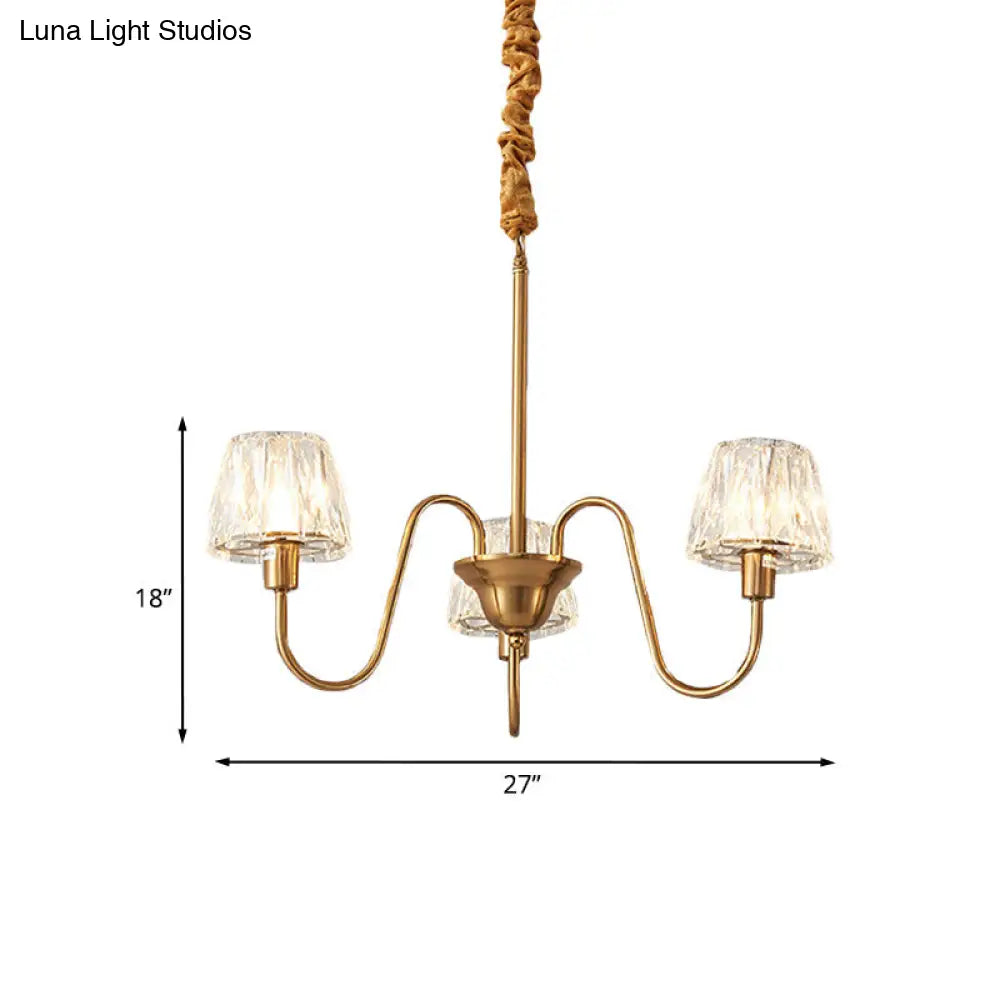 Gold Finish Conical Chandelier With Crystal Pendulum And Gooseneck Arm (3/6 Bulbs)