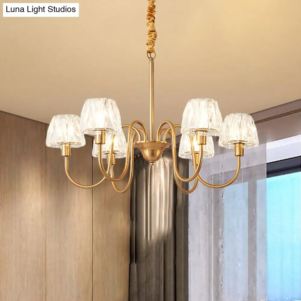 Gold Finish Conical Chandelier With Crystal Pendulum And Gooseneck Arm (3/6 Bulbs)