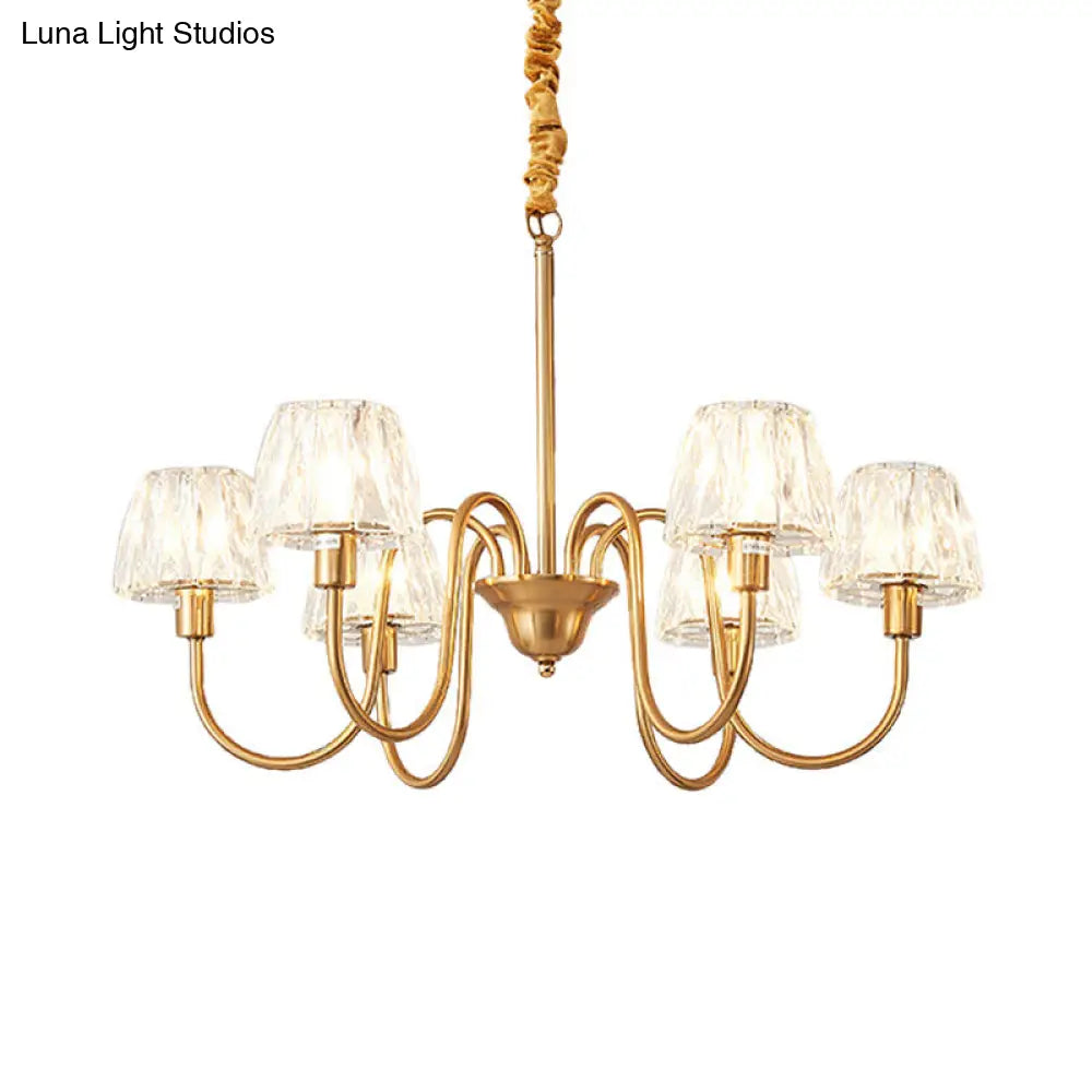 Gold Finish Conical Chandelier With Crystal Pendulum And Gooseneck Arm (3/6 Bulbs)