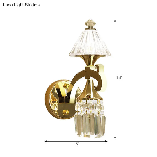 Contemporary Gold Finish Conic Wall Sconce With Crystal Draping - Metal Mount Light