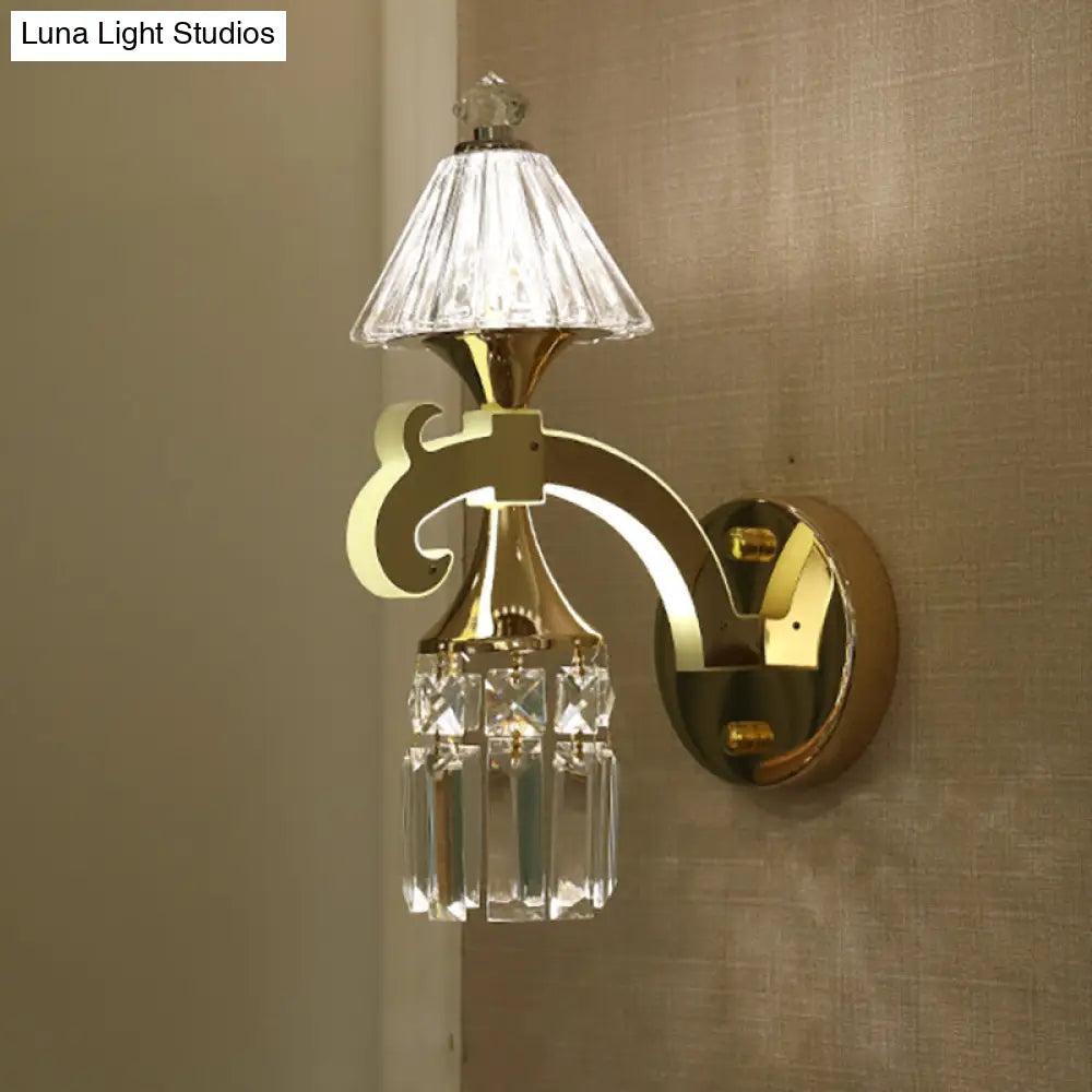 Contemporary Gold Finish Conic Wall Sconce With Crystal Draping - Metal Mount Light