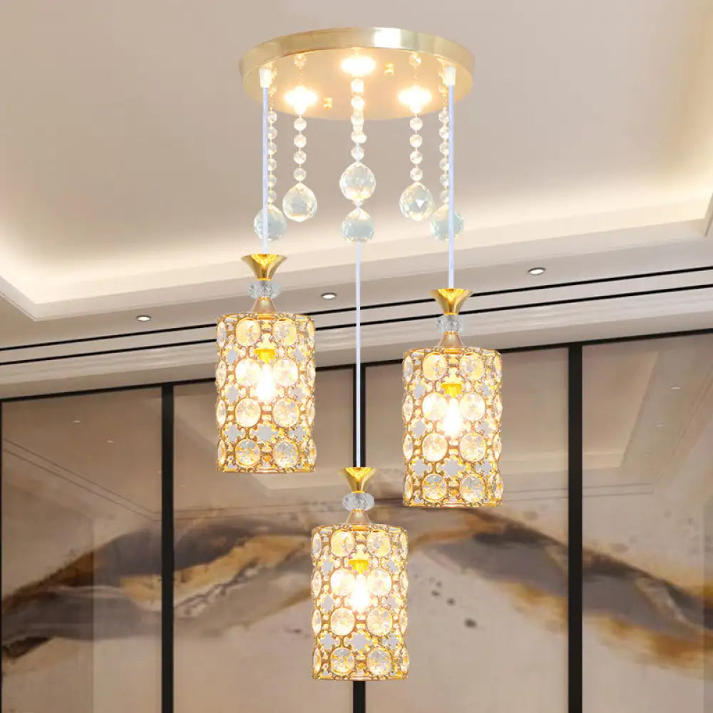 Contemporary Gold Finish Crystal-Encrusted Hanging Lighting With 3 Bulbs