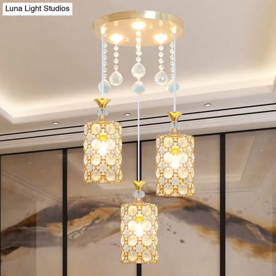 Contemporary 3-Bulb Multi Pendant With Crystal-Encrusted Gold Cylinder