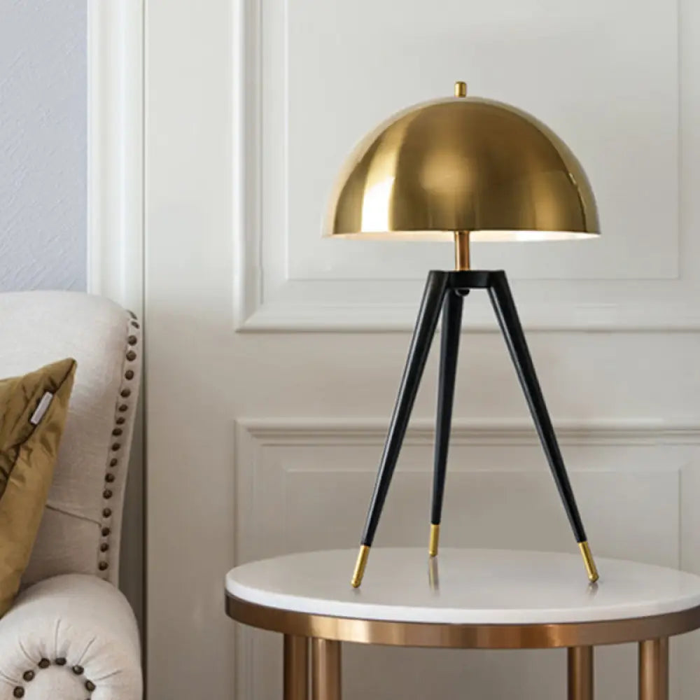 Contemporary Gold Finish Dome Table Lamp With Tripod - 1 Light Metallic For Living Room