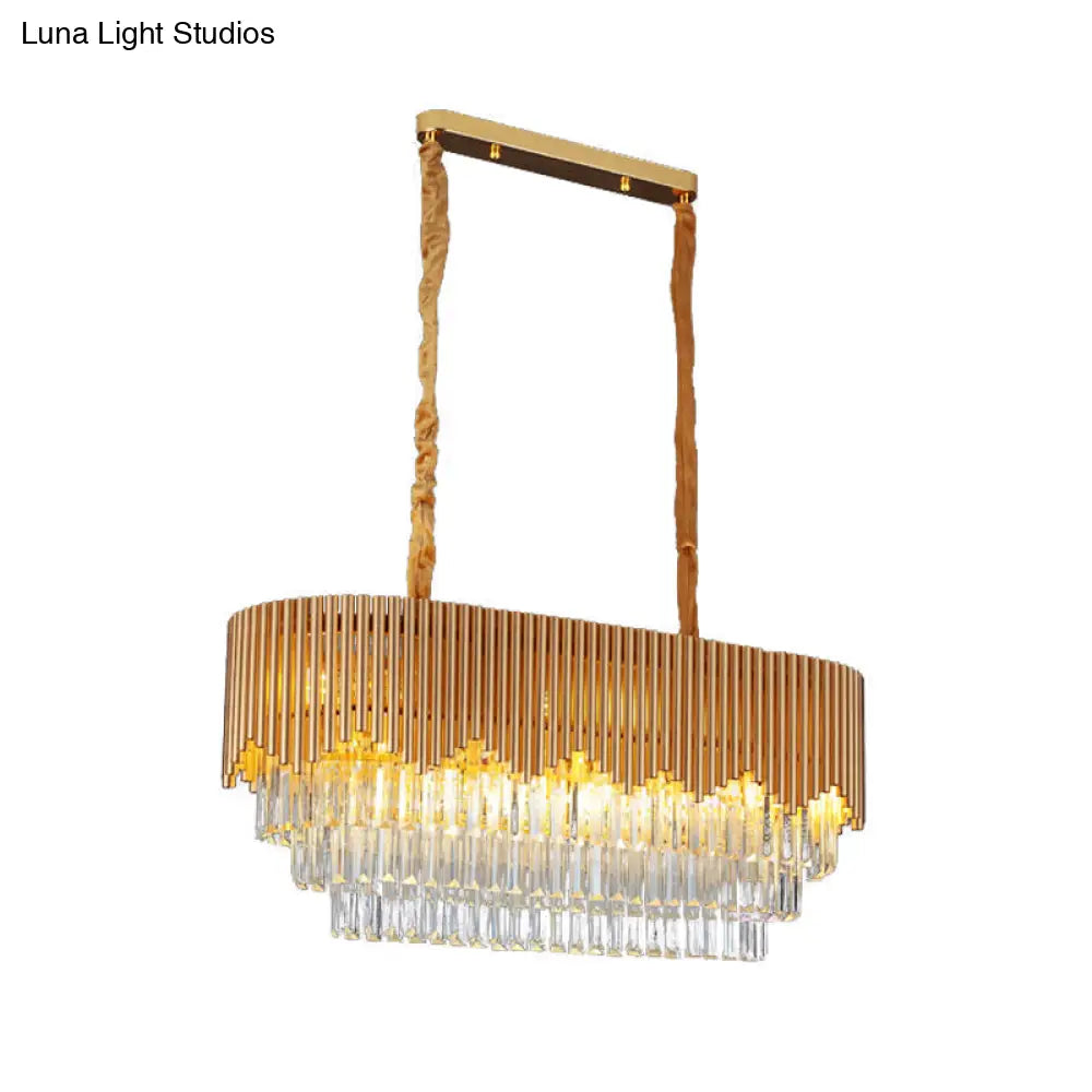 Contemporary Gold Finish Island Lighting With 8 Bulbs Faceted Crystal Blocks And Oval Hanging Design