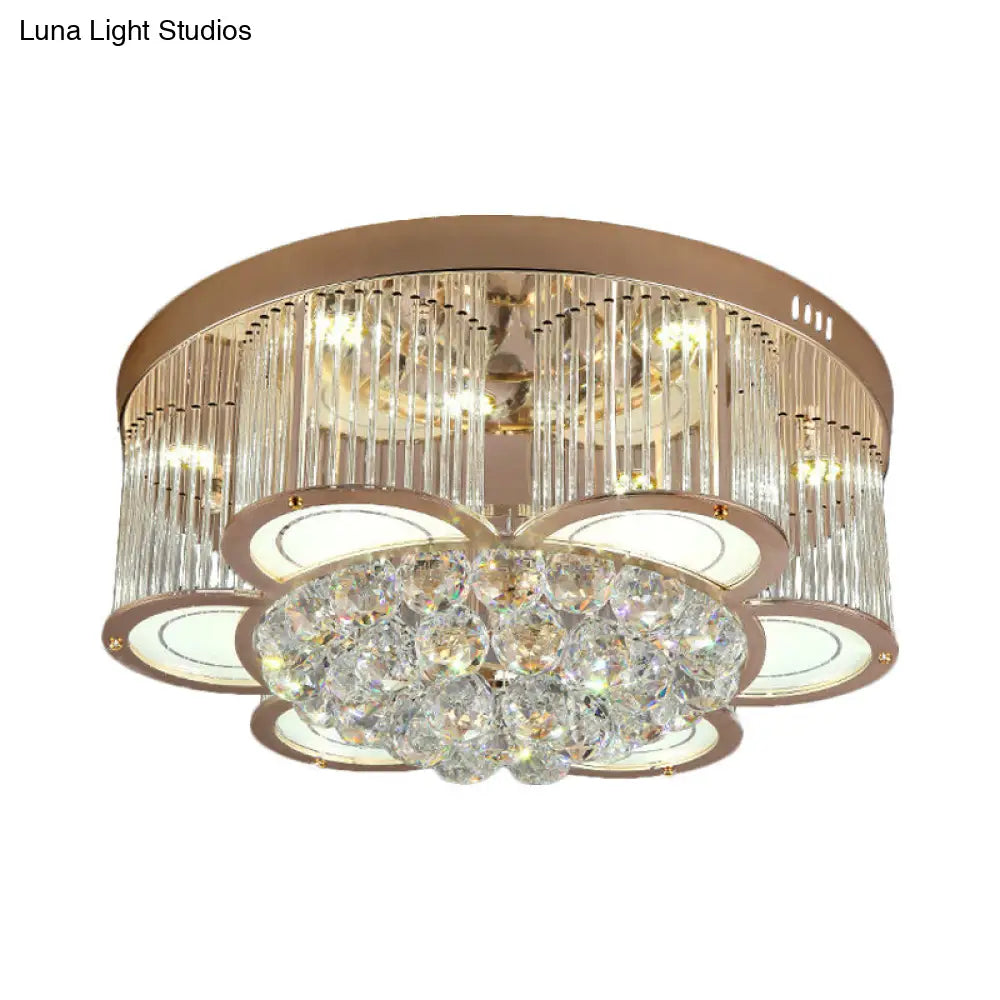 Contemporary Gold Floral Led Ceiling Flush Light With Clear Crystal Fluting