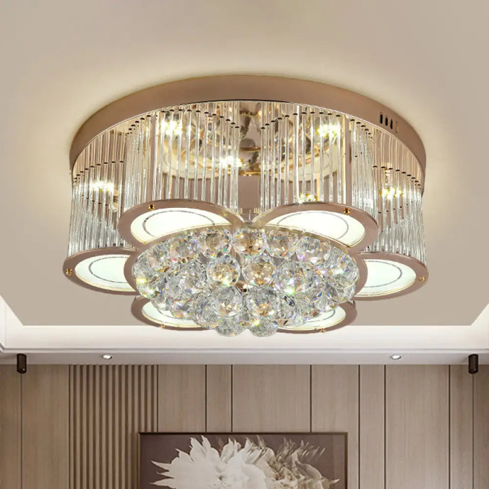 Contemporary Gold Floral Led Ceiling Flush Light With Clear Crystal Fluting