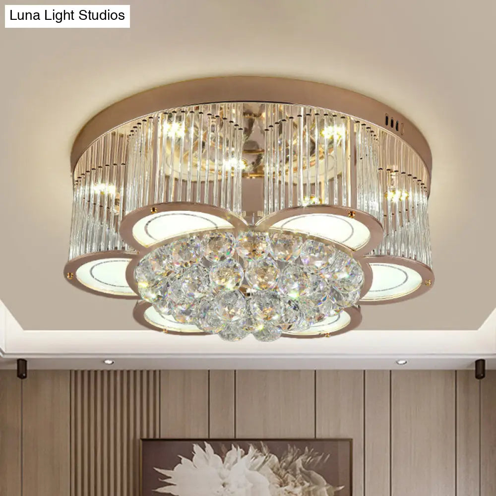 Contemporary Gold Floral Led Ceiling Flush Light With Clear Crystal Fluting