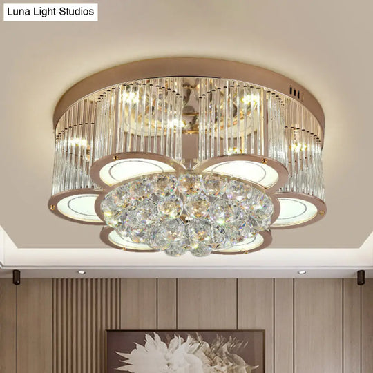 Contemporary Gold Floral Led Ceiling Flush Light With Clear Crystal Fluting