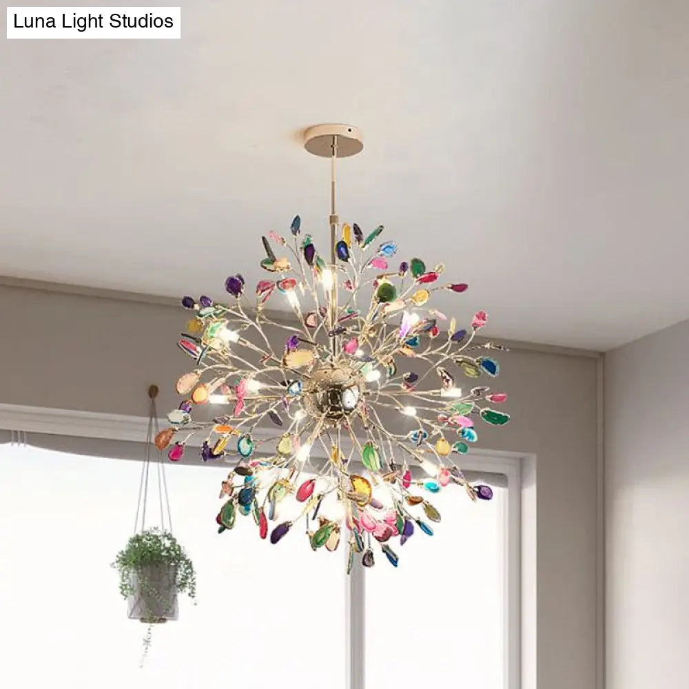 Contemporary Gold Flower Chandelier With Multi-Agate Lights - Hanging Ceiling Fixture