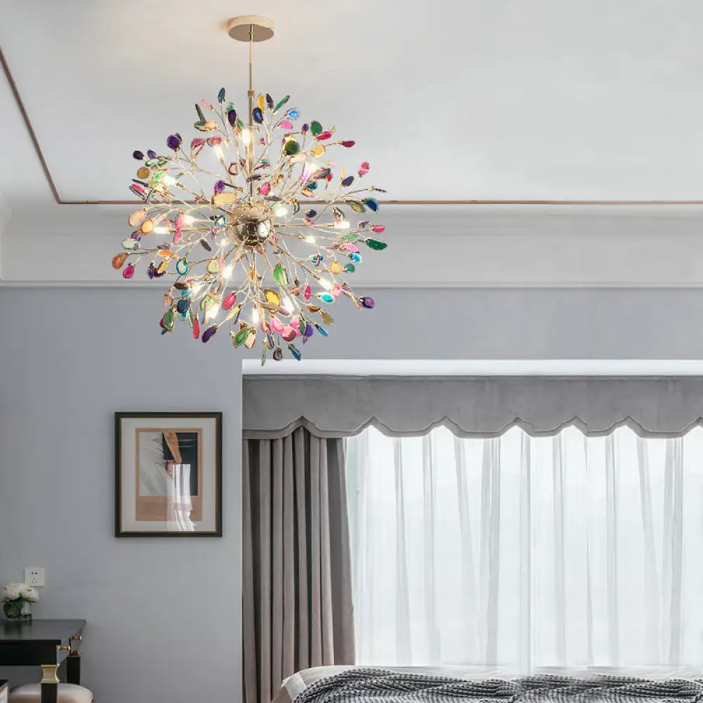 Contemporary Gold Flower Chandelier With Multi-Agate Lights - Hanging Ceiling Fixture