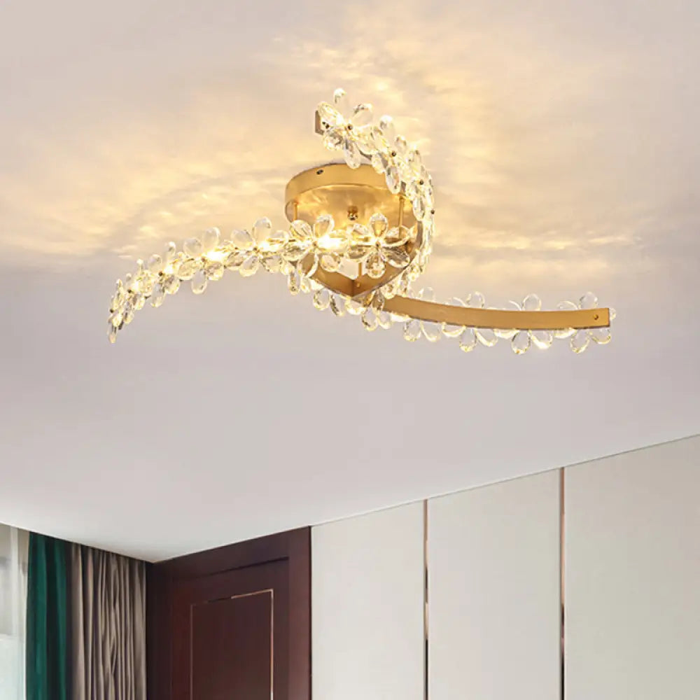 Contemporary Gold Flower Crystal Led Ceiling Lamp With Windmill Design - Semi Mount Lighting