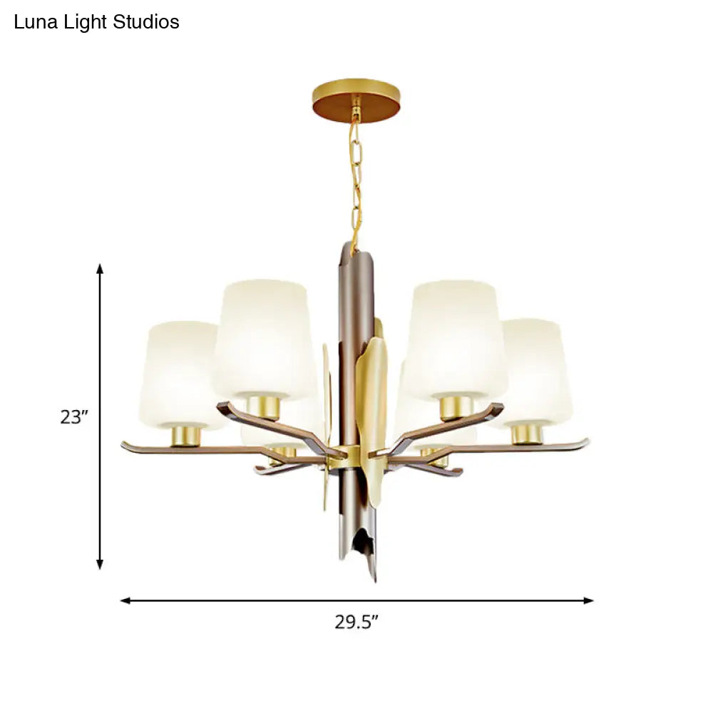 Gold Frosted Glass Conical Pendant Chandelier - Contemporary Ceiling Hanging Light With 6 Heads