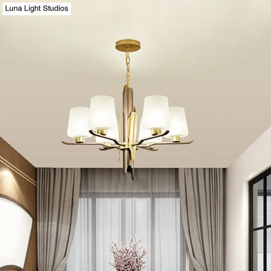 Gold Frosted Glass Conical Pendant Chandelier - Contemporary Ceiling Hanging Light With 6 Heads