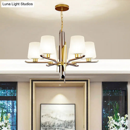 Gold Frosted Glass Conical Pendant Chandelier - Contemporary Ceiling Hanging Light With 6 Heads