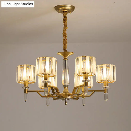 Contemporary Gold Hanging Light Chandelier - Crooked Arm With 6/8 Bulbs Clear Crystal Shade