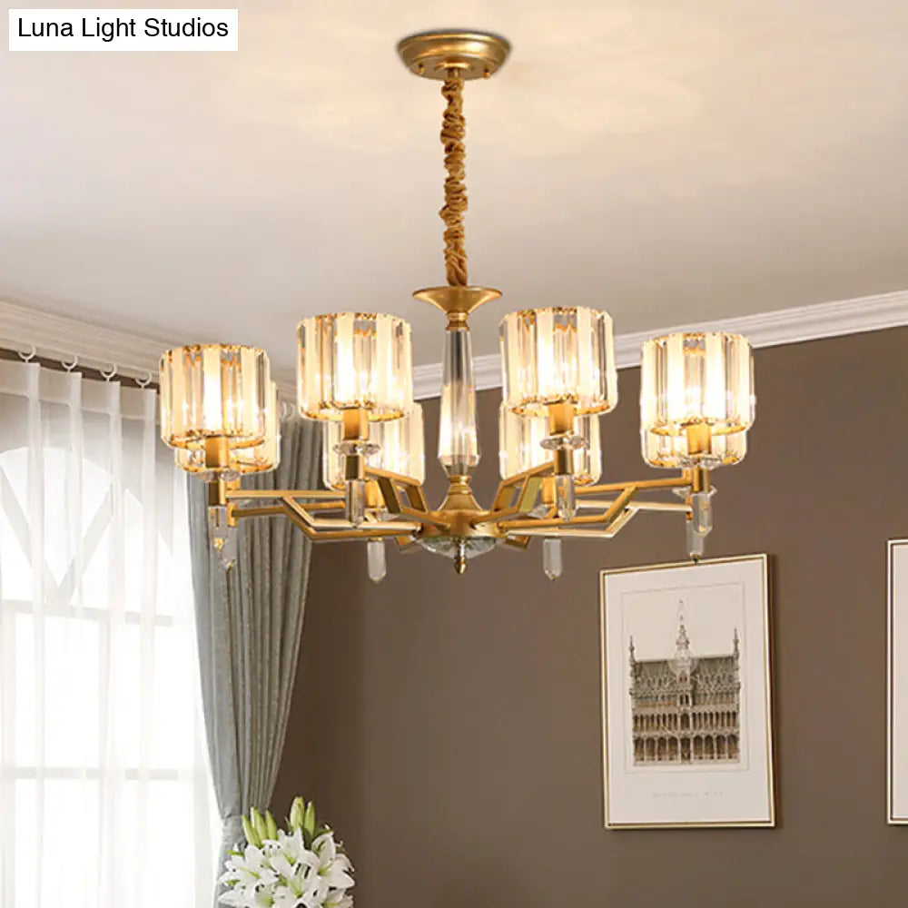 Contemporary Gold Hanging Light Chandelier - Crooked Arm With 6/8 Bulbs Clear Crystal Shade