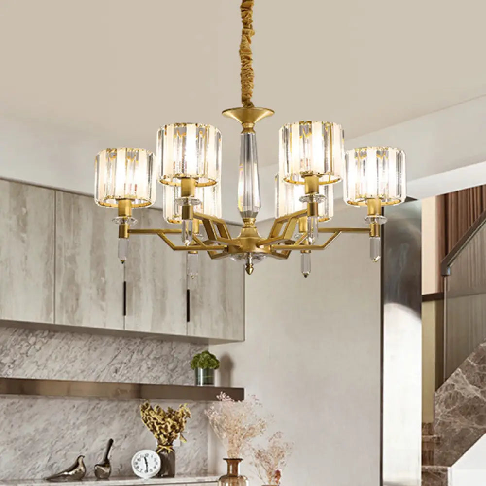 Contemporary Gold Hanging Light Chandelier - Crooked Arm With 6/8 Bulbs Clear Crystal Shade 6 /