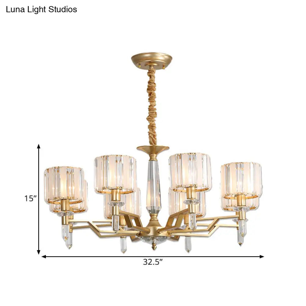 Contemporary Gold Hanging Light Chandelier - Crooked Arm With 6/8 Bulbs Clear Crystal Shade