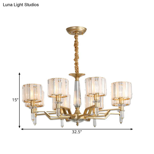 Contemporary Gold Hanging Light Chandelier - Crooked Arm With 6/8 Bulbs Clear Crystal Shade