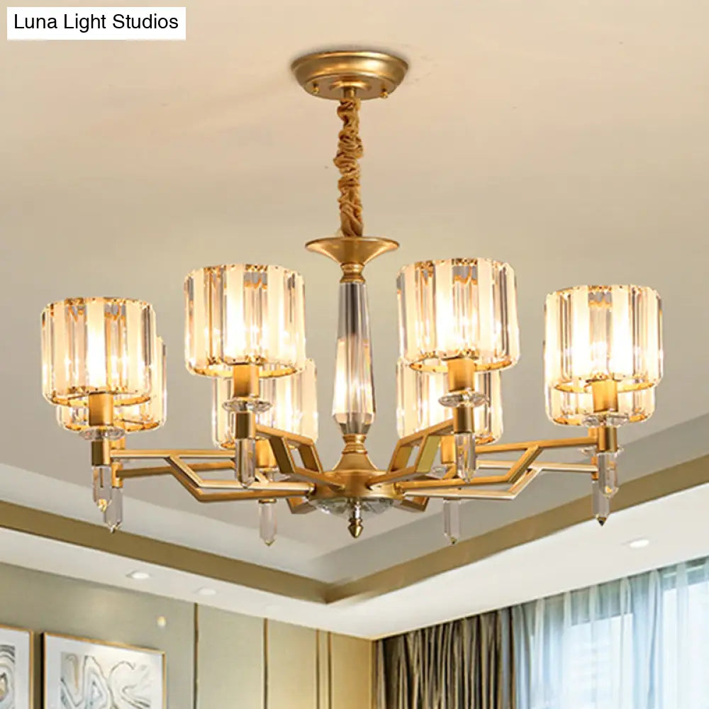 Contemporary Gold Hanging Light Chandelier - Crooked Arm With 6/8 Bulbs Clear Crystal Shade