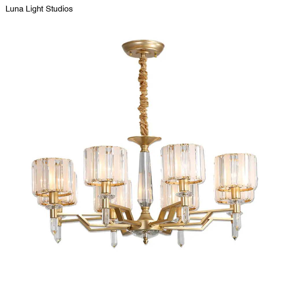 Contemporary Gold Hanging Light Chandelier - Crooked Arm With 6/8 Bulbs Clear Crystal Shade