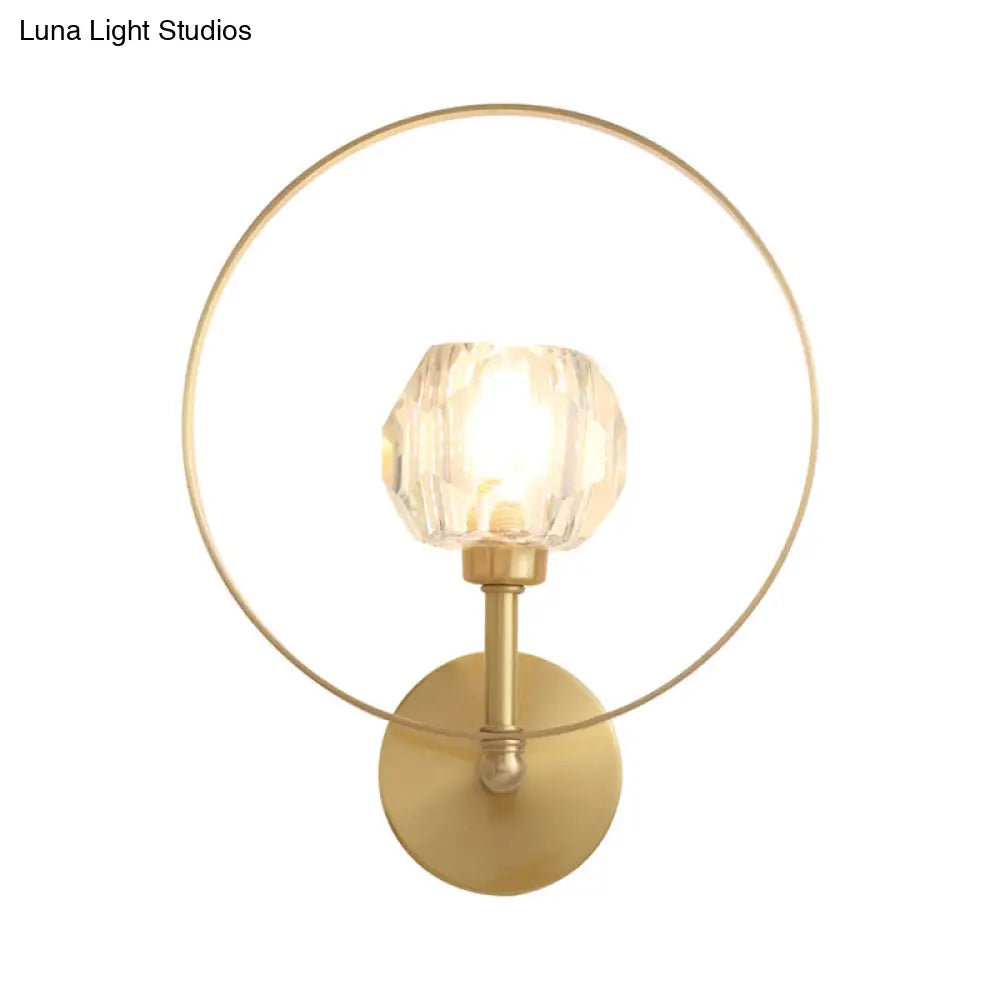 Contemporary Gold Head Surface Wall Sconce With Beveled Crystal Ball Ring Frame - Elegant Lamp