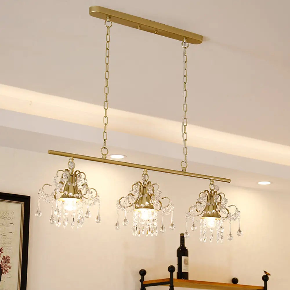 Contemporary Gold Island Chandelier With Crystal Raindrop Accents - 3 Heads Scroll Frame Design