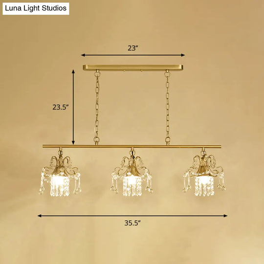 Contemporary Gold Island Chandelier With Crystal Raindrop Accents - 3 Heads Scroll Frame Design