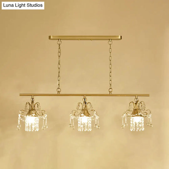 Contemporary Gold Island Chandelier With Crystal Raindrop Accents - 3 Heads Scroll Frame Design