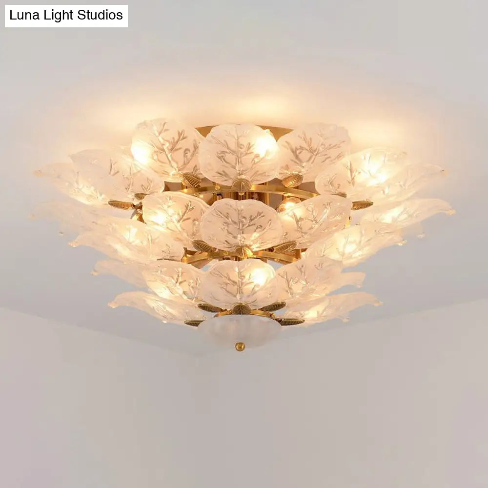 Contemporary Gold Leaf Semi Flush Mount Lamp With 10 Frost Glass Lights For Living Room Ceiling