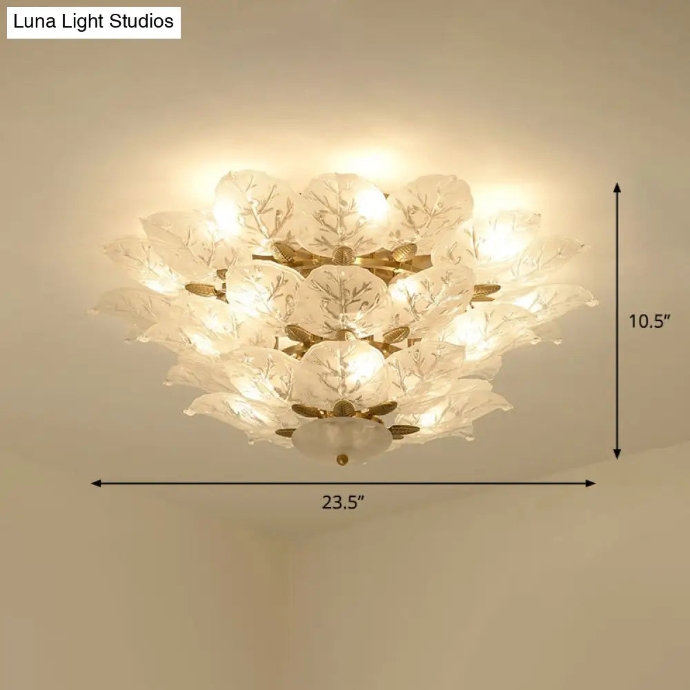 Contemporary Gold Leaf Semi Flush Mount Lamp With 10 Frost Glass Lights For Living Room Ceiling