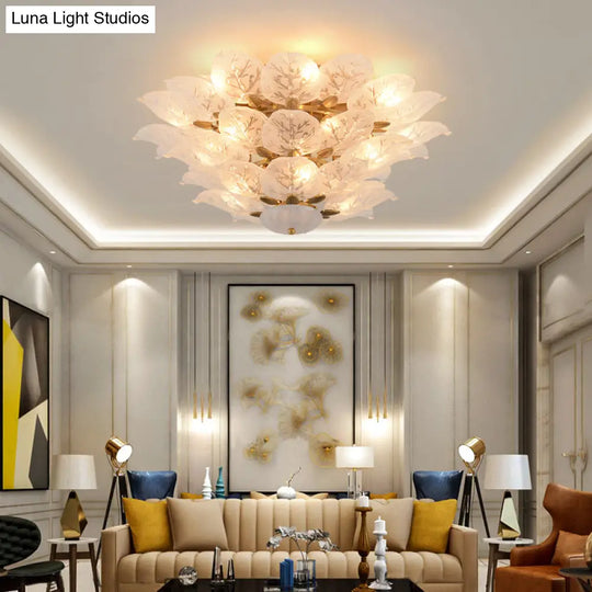 Contemporary Gold Leaf Semi Flush Mount Lamp With 10 Frost Glass Lights For Living Room Ceiling